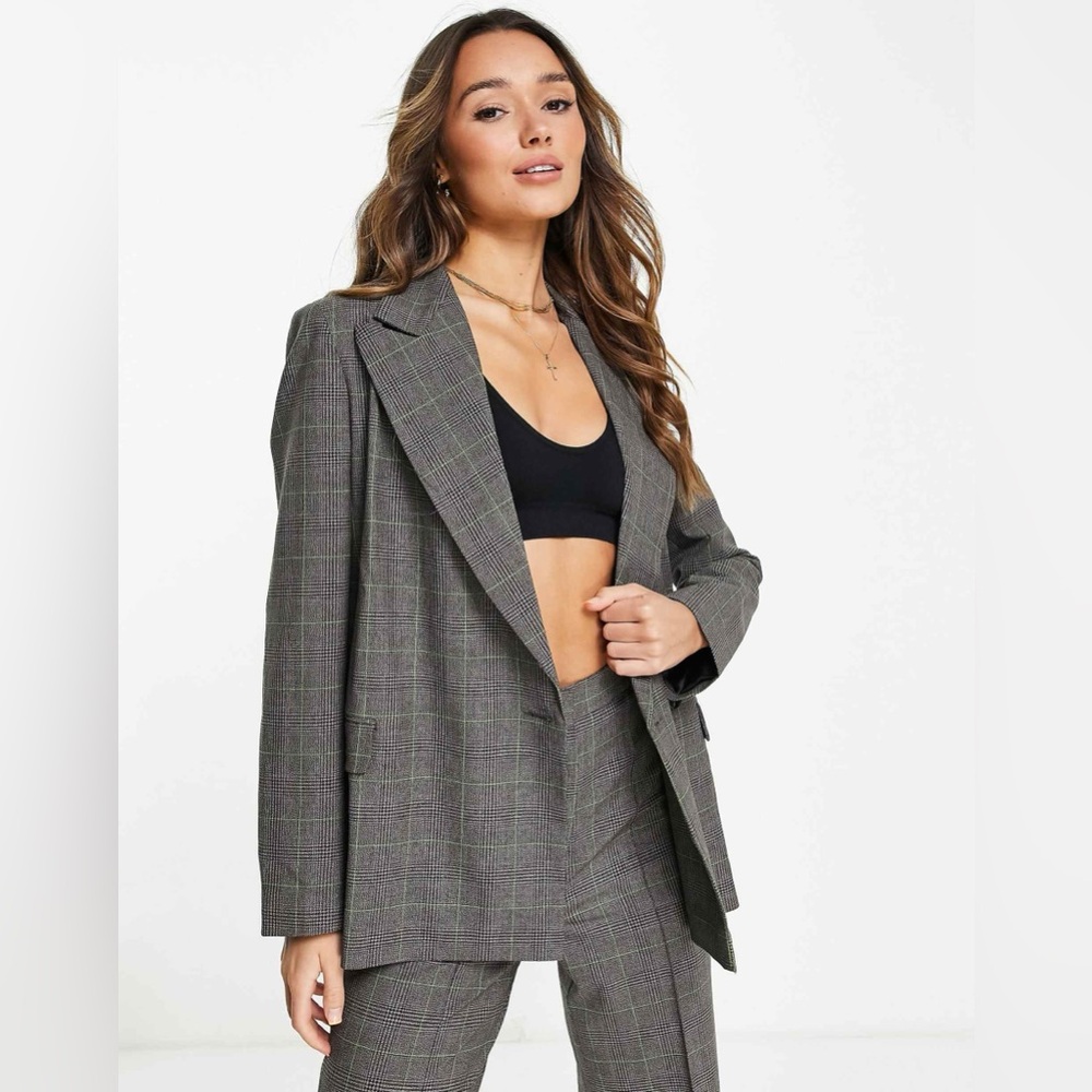 Topshop wrap double breasted plaid blazer